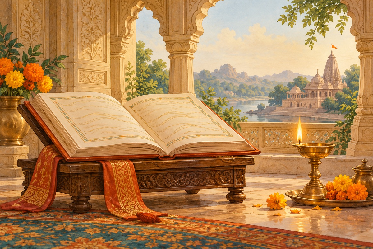 An open devotional book with a brass lamp and marigold flowers