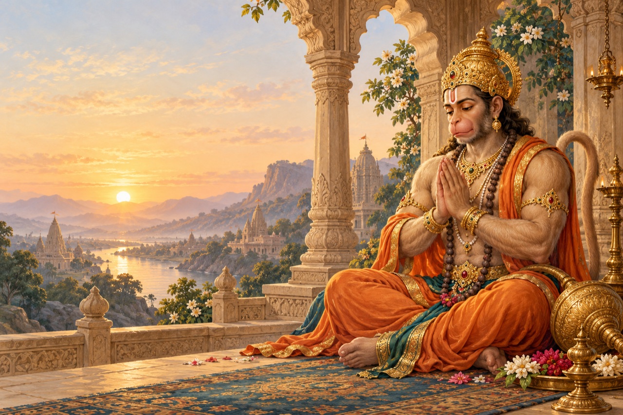 Devotional illustration of Lord Hanuman seated in prayer beside a temple